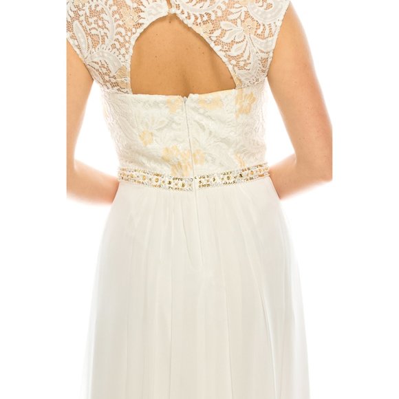 QUEEN ANNE NECK FLORAL LACE BODICE A-LINE CHIFFON FULL LENGTH DRESS(182811) - Picture 6 of 6